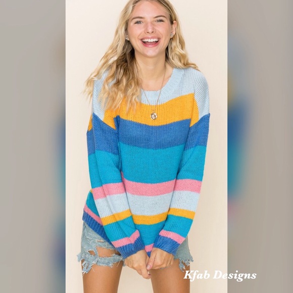 🥰LAST! Blue Multi Color Stripe Super Soft Sweater - Picture 8 of 10